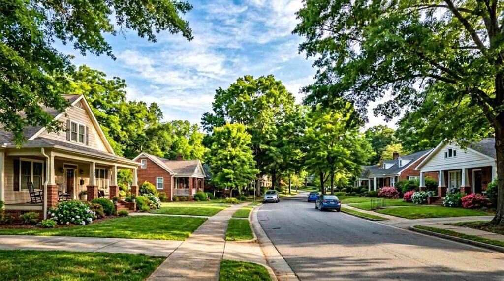 Tree-lined Belmont, NC neighborhood street near Charlotte