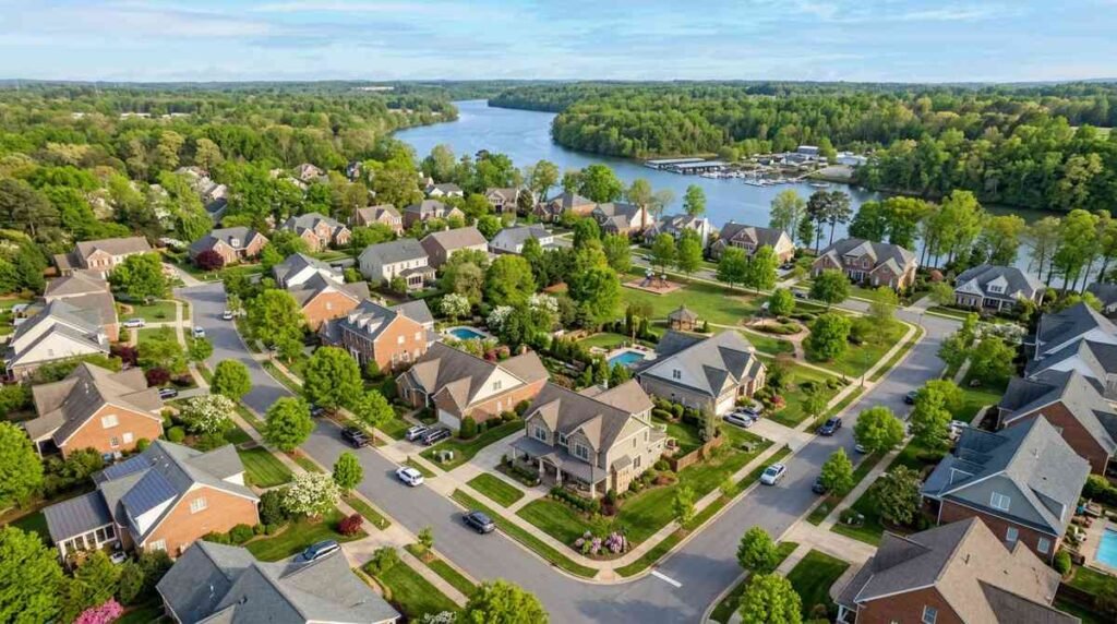 Aerial view of homes in Belmont, NC near the Catawba River
