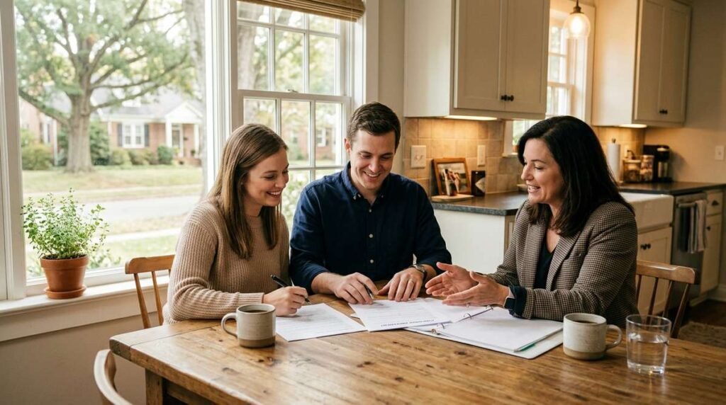 First-time homebuyers reviewing mortgage paperwork in Belmont, NC
